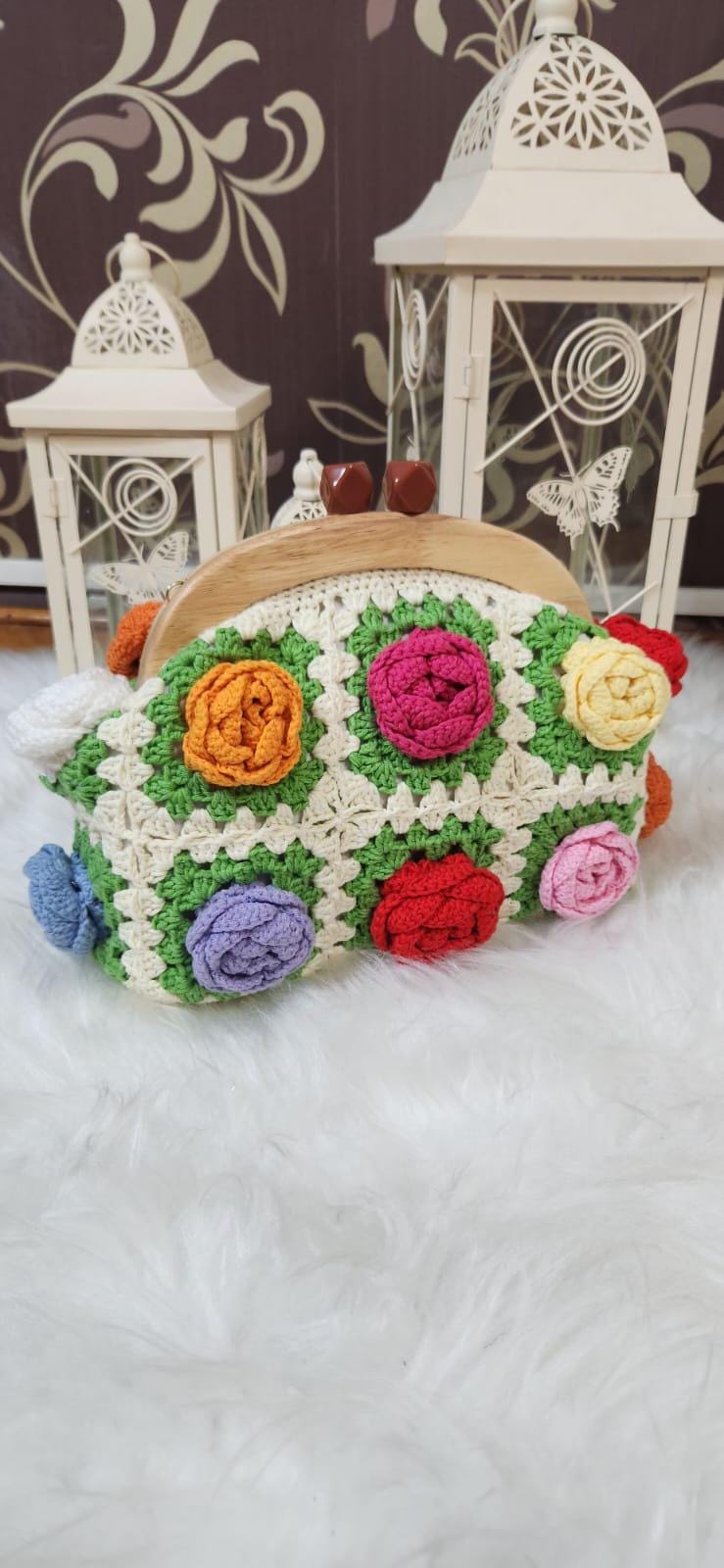 Handmade Crochet Purse – Boho Granny Square Bag with 3D Flowers – Colorful Floral Clutch with Wooden Frame – Gift for Her