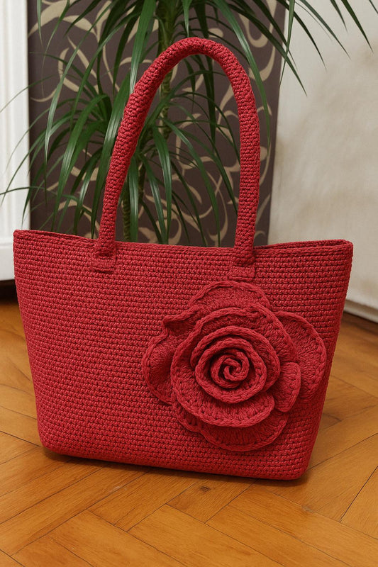 Handmade Red Crochet Tote Bag – 3D Rose Purse – Boho Floral Handbag – Gift for Her – Granny Square Style – Top Handle Bag